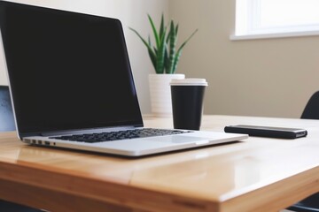 Fototapeta premium Minimalist Workspace with Laptop, Smartphone, and Coffee Cup for Productive Atmosphere and Tech Efficiency