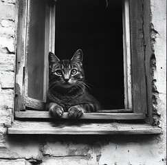 Black cat looking out window vintage black and white photo