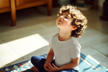 Young child meditating on a mat in a sunlit room with eyes closed. Kids EQ