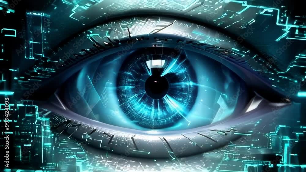 Poster futuristic abstract animation with close-up of a blue digital eye, artificial intelligence.. ai gene