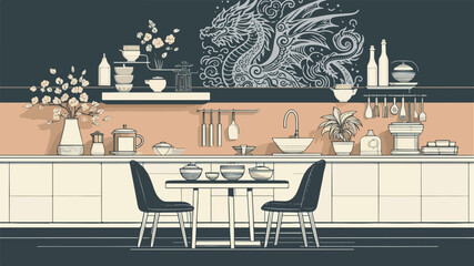modern kitchen atmosphere with a table in the middle containing Chinese dishes, dragon painting at the top, in a pastel tosca color in a minimal line art illustration style on a dark grey background 
