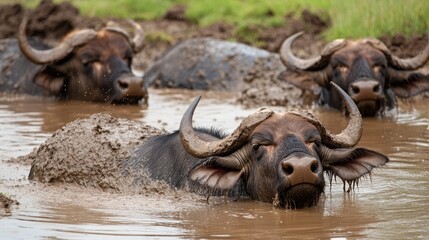 Obraz premium Buffalo cooling off in a muddy watering hole, their massive bodies submerged with only their heads visible.