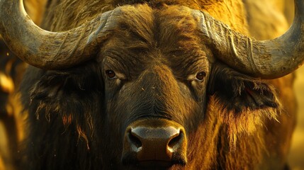 Naklejka premium Close-up of a face, focusing on its curved horns and shaggy coat.