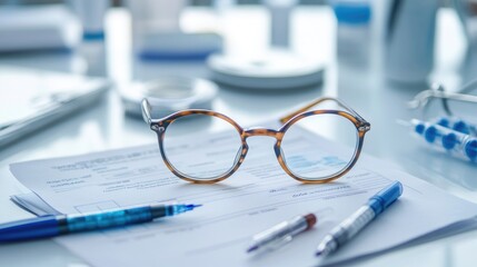 Glasses sitting on top of a medical prescription pad, surrounded by pens and other optometry tools.