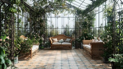 Fototapeta premium A charming conservatory with climbing plants adorning the iron framework and comfortable wicker seating. The tiled floor and glass walls create a bright