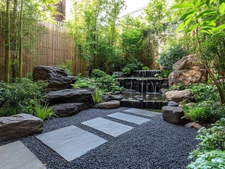 Fototapete Toilette Tranquil Zen garden with a cascading waterfall, stepping stones, and lush greenery.  © DudeDesignStudio