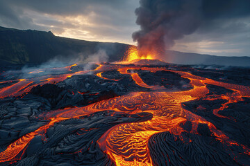 Fototapeta premium Generative ai on theme of erupting volcano with cascading hot lava surrounded thick white smoke