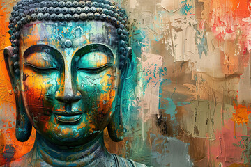 Beautiful greeting card with ancient statue great Buddha to bright holiday composition