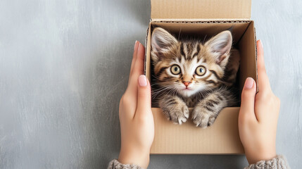 Hands hold an open cardboard box with kitten inside. Finding and presenting a kitten. Shelter for pets. Banner, wallpaper, poster