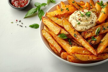 Sweet potato fries with garlic aioli, placed on the right side of a clean white table, professional overhead shot.