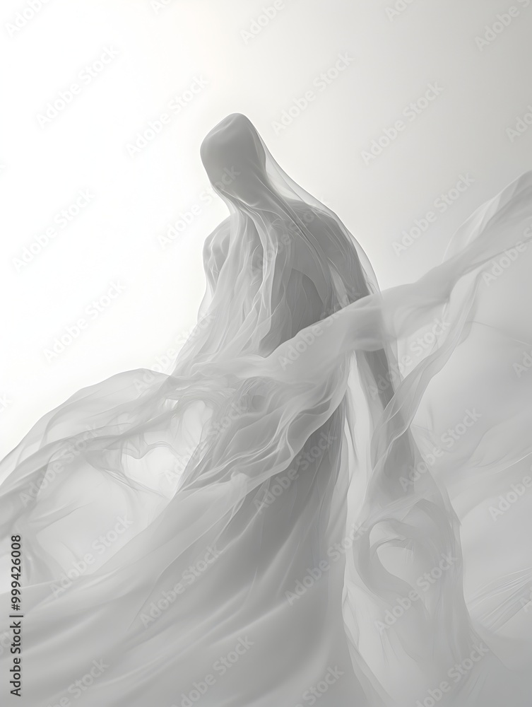 Poster ethereal ghostly apparition emerging from luminescent portal on pristine white stage