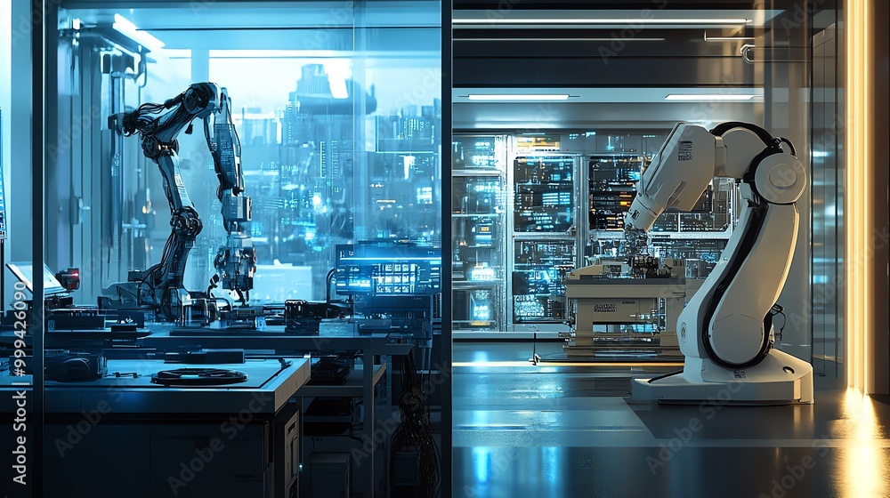 Poster two industrial robotic arms working in a futuristic factory with a blurred city skyline in the backg