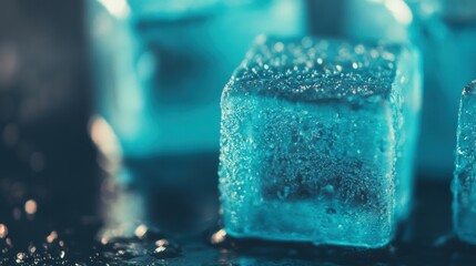 Crystal-clear ice cubes with a blue tint rest on a surface, reflecting light and showcasing intricate details and textures