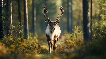 Reindeer walking carefully through the thick undergrowth of the forest
