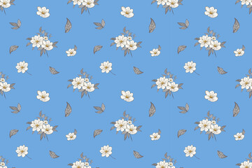 White floral fabric pattern, leaves, sea blue background. Seamless. Geometric. Illustration, Vector, Fabric, Fashion, Curtain.seamless floral pattern