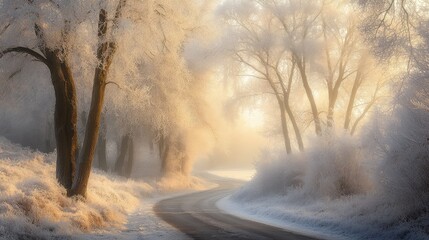 A narrow road winding through a winter forest, with the trees on both sides covered in hoarfrost, glistening under the pale winter sunlight