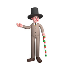 Legal 3D Cartoon. A male lawyer is standing wearing a top hat and holding a cane in his hand. Male Lawyer