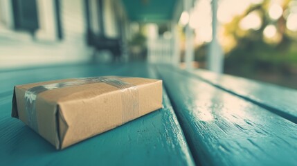 A cardboard package sits on a green-painted porch, waiting for someone to collect it in the warm afternoon light