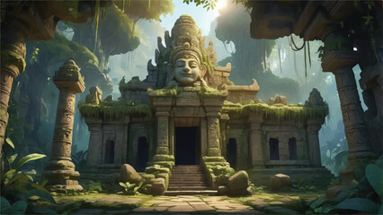 Obraz premium Whimsical Cartoon Ancient Temple Surrounded by Lush Jungle and Mythical Statue