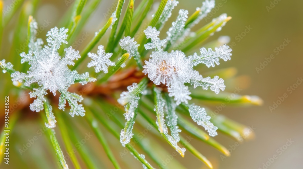 Poster pine branches adorned with shimmering snowflakes create a peaceful winter atmosphere in a serene out