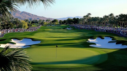 A picturesque view of a golf course surrounded by palm trees and spectators.