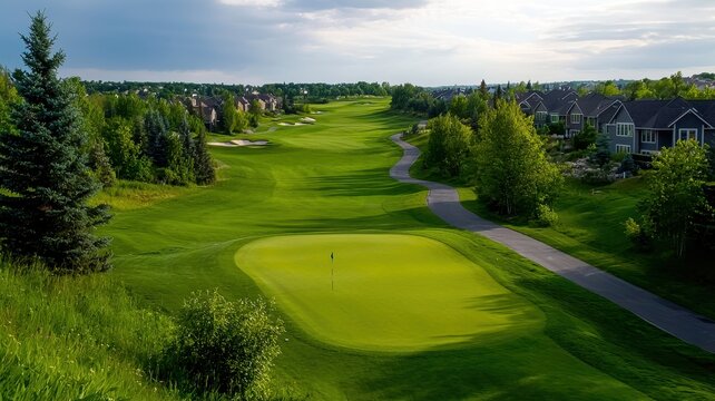 A scenic view of a lush golf course with well-maintained greens and surrounding landscape under a partly cloudy sky.