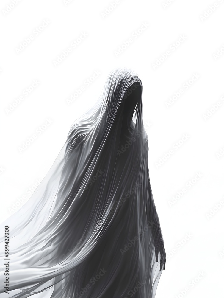 Poster ghostly apparition and wispy form emerging from luminescent portal on pristine white stage