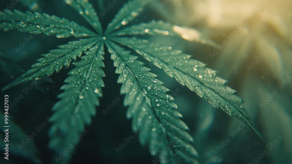 Sticker Lush cannabis leaves glisten with water droplets, reflecting the soft glow of morning sunlight in a vibrant garden