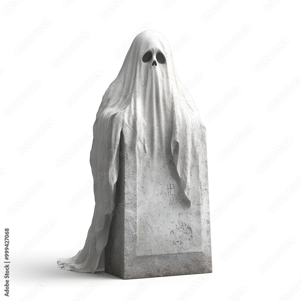 Poster ghostly apparition emerging from behind tombstone in striking monochrome rendering