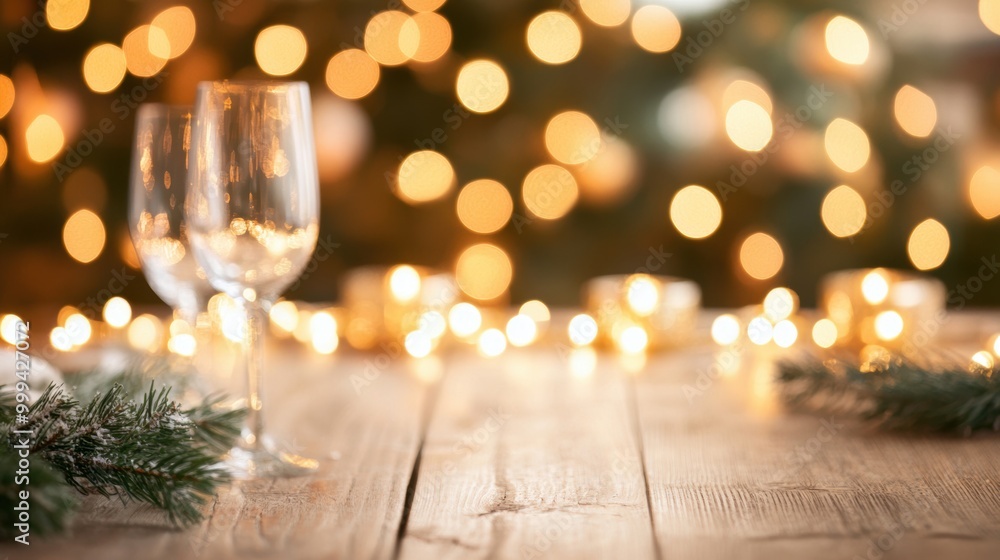 Poster a christmas table setting featuring sparkling glassware adorned with greenery, set against a warm, i