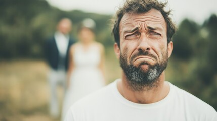 Fototapeta premium A close-up of a distressed man with a pained expression, while a blurred wedding couple stands in the background outdoors. 