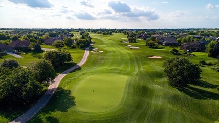 Aerial view of a beautiful golf course surrounded by greens and trees under a blue sky.