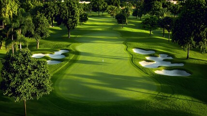 Aerial view of a beautifully manicured golf course with sand traps and lush greenery.
