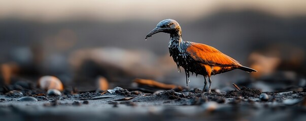 A vibrant bird standing on wet ground, showcasing its colorful feathers in a serene natural setting during sunrise.