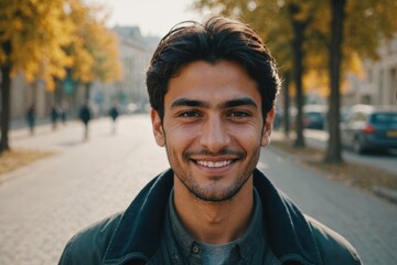 Close portrait of a smiling young Afghan man looking at the camera, outdoors blurred background