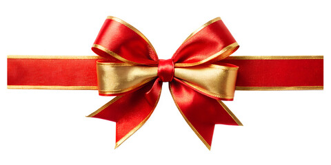 Red and gold satin ribbon, realistic bow for decoration with transparent background