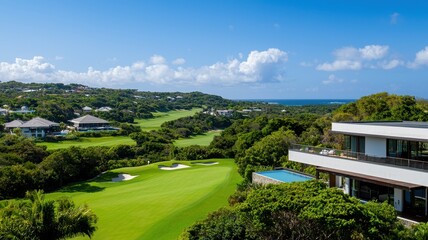 Beautiful panoramic view of a lush green golf course with modern villas under a clear blue sky.