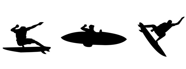 Silhouette sport surf person. Athlete surfing silhouettes. Sport standing long board surfing. Male people surfing silhouette. Set of beach wave surfing silhouette illustration