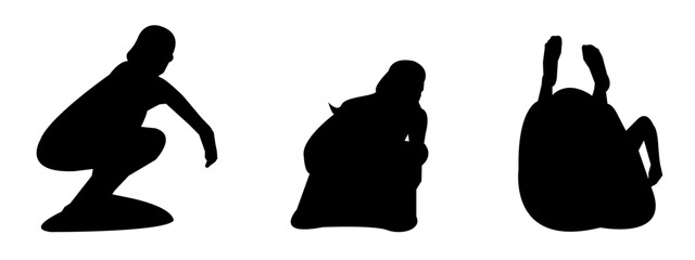 silhouette of several surfers isolated on white background. different poses. sport, surfing, summer theme. vector illustration.