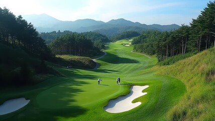 Scenic golf course with lush greenery and mountain backdrop, showcasing players on the fairway.