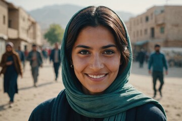 Close portrait of a smiling young Afghan woman looking at the camera, Afghan outdoors blurred background