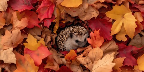An overhead view of a hedgehog curled up in a nest of autumn leaves