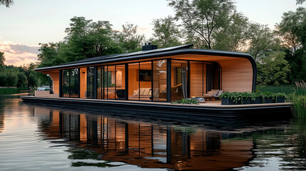 Self-sustaining houseboats with integrated aquaponics and solar energy systems