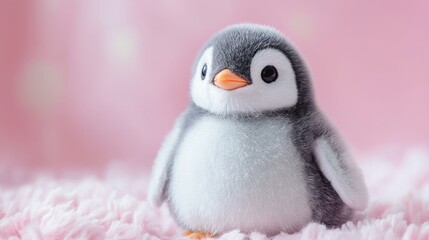 Adorable Tiny Penguin Plush Sitting on Soft Pastel Background