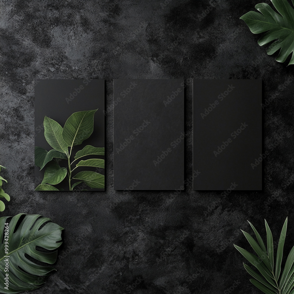 Wall mural Mockup of three empty frames with a sleek, metallic background, predominantly black design, subtle Amazon rainforest plant detail, minimalistic and modern layout