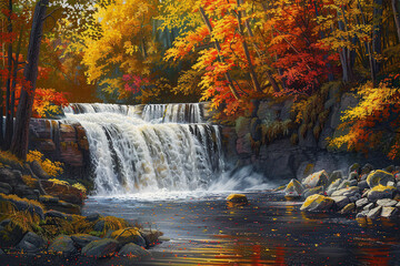 Generative ai on theme of beautiful majestic waterfall in natural nature, national park attraction