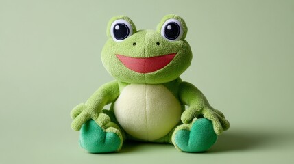 Fototapeta premium Cheerful Smiling Frog Plush Doll on Plain Green Background - Front View
