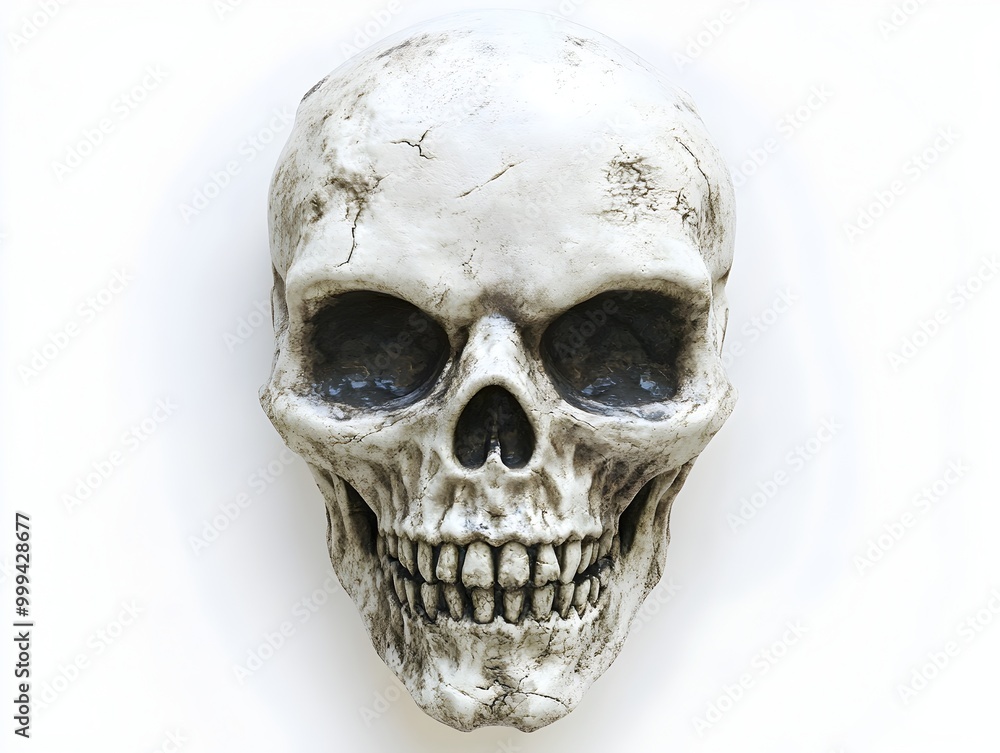 Poster haunting 3d skull mask with ghastly bone structure and ethereal texture against pristine white studi