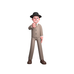 Professional 3D Male Lawyer. A male lawyer is standing wearing a black hat and clenching his right fist. Legal Character