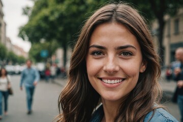 Close portrait of a smiling young Argentine woman looking at the camera, Argentine outdoors blurred background
